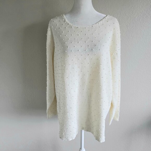 Vintage Maggie Sweet Pearl Beaded Sweater Off White Ramie Cotton Plus Size 2X - Picture 1 of 8